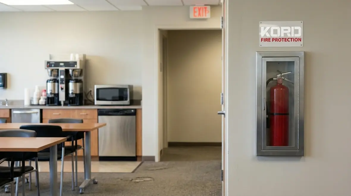 Example of multiple extinguishers spaced through an office corridor