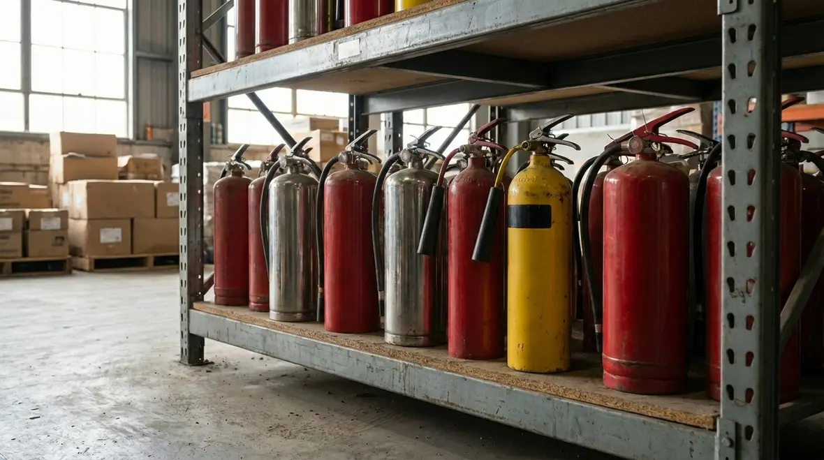 Row of fire extinguishers subject to recall patterns
