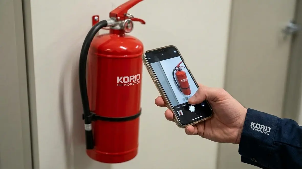 Technician performing a fire extinguisher recall check