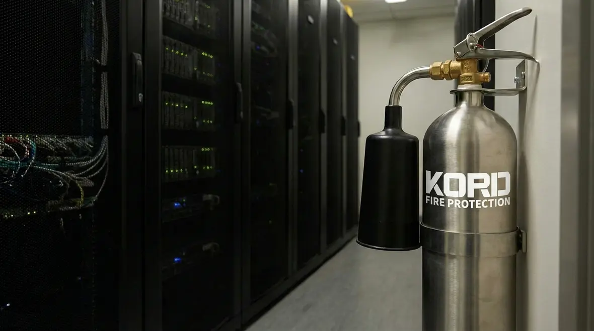 Class K fire extinguisher mounted in a commercial kitchen