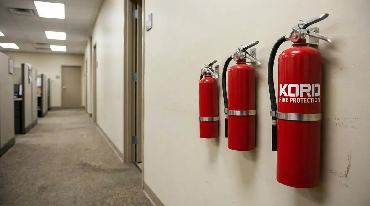 Row of ABC fire extinguishers ready for replacement