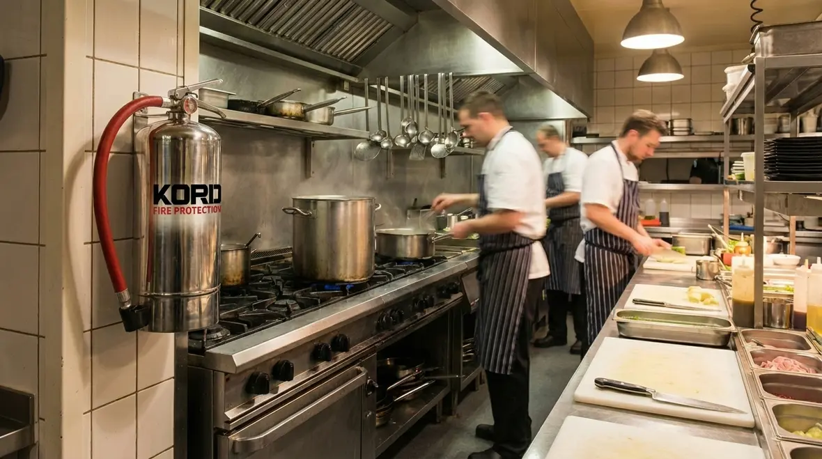 Fire protection technician inspecting extinguishers for replacement