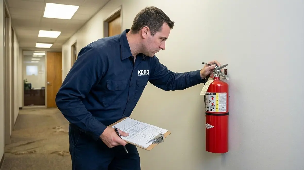 Commercial hallway with mounted fire extinguishers