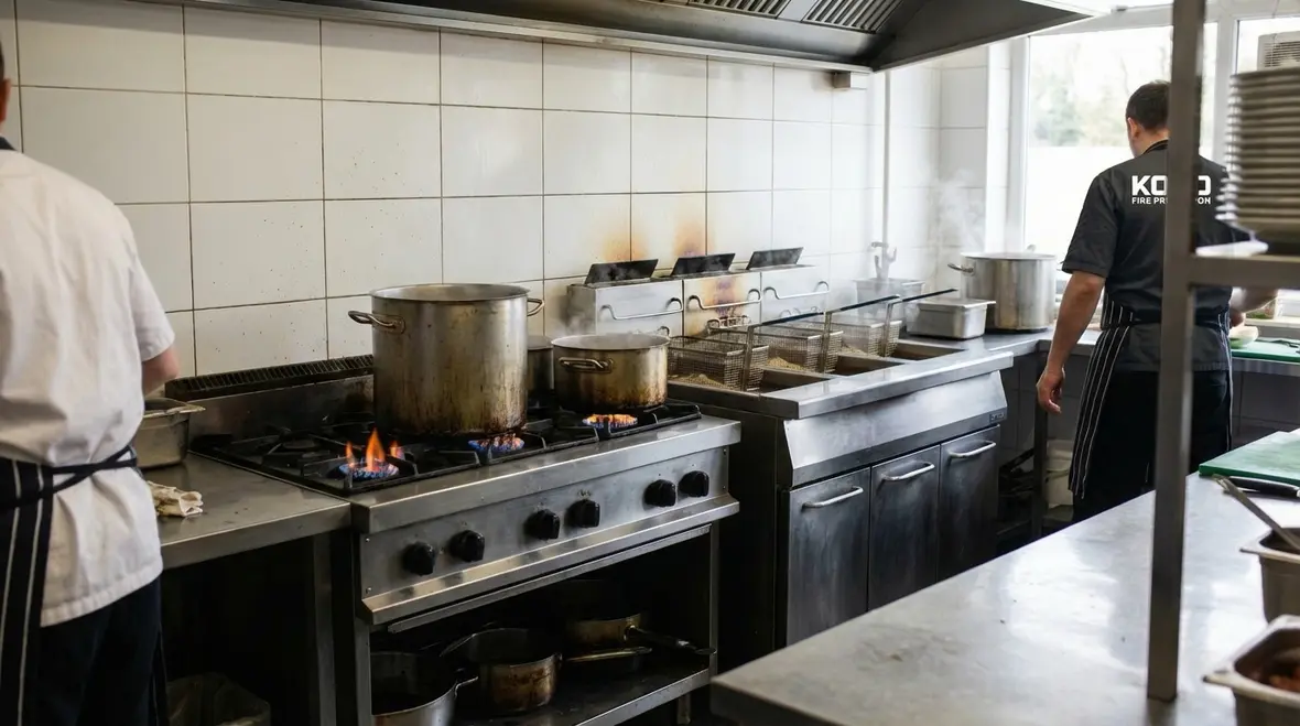Technician checking commercial kitchen fire extinguisher