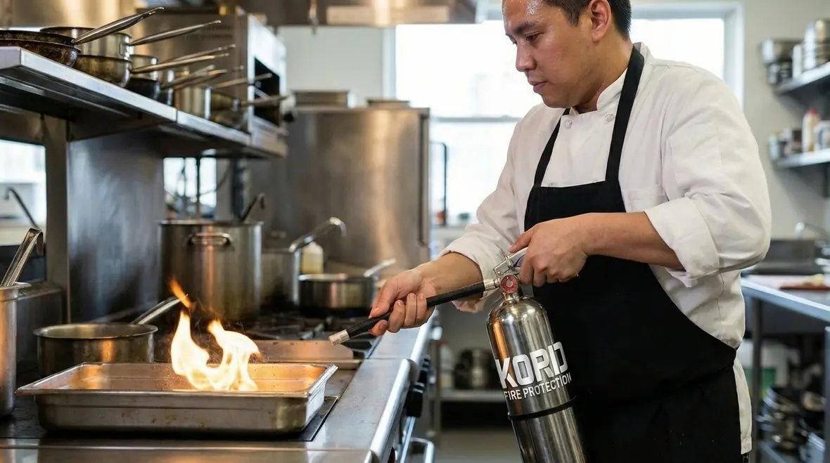Commercial kitchen hood and fire suppression working with extinguishers