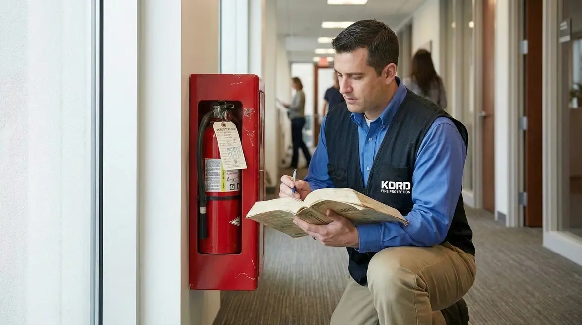 Technician inspecting fire extinguishers in a Los Angeles business