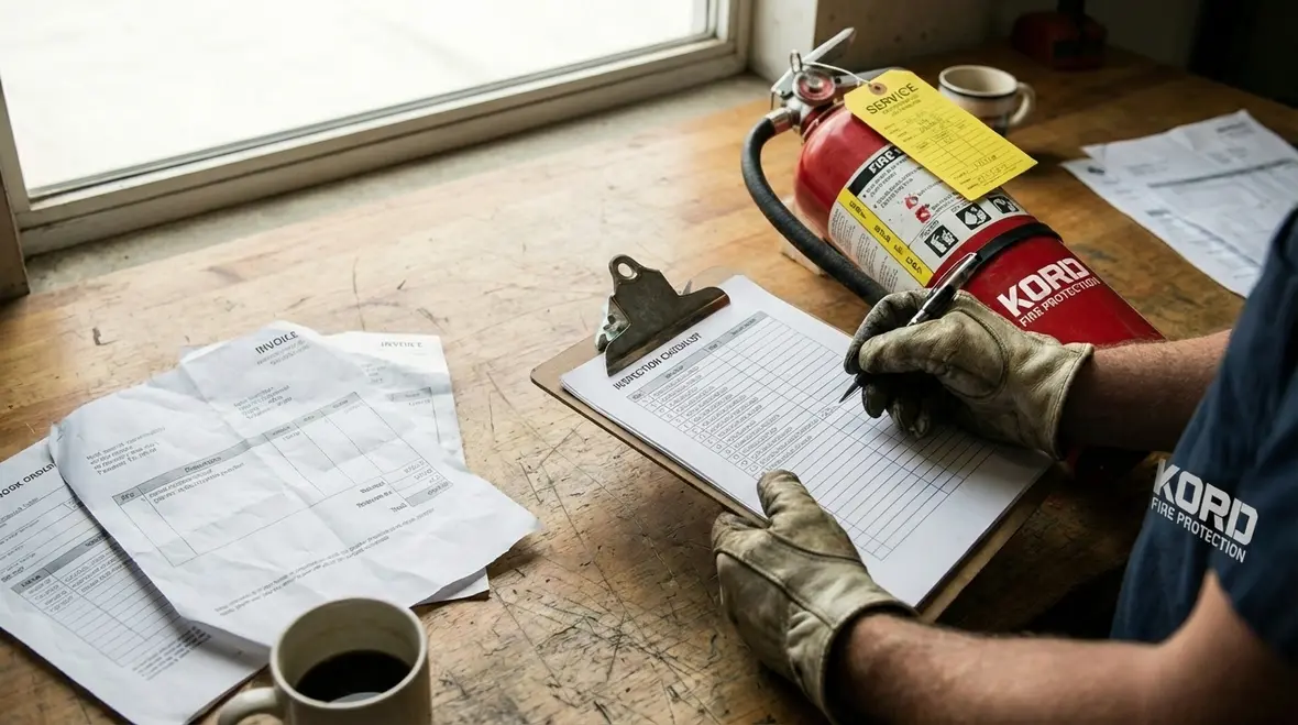 Closeup of fire extinguisher service tags and maintenance labels