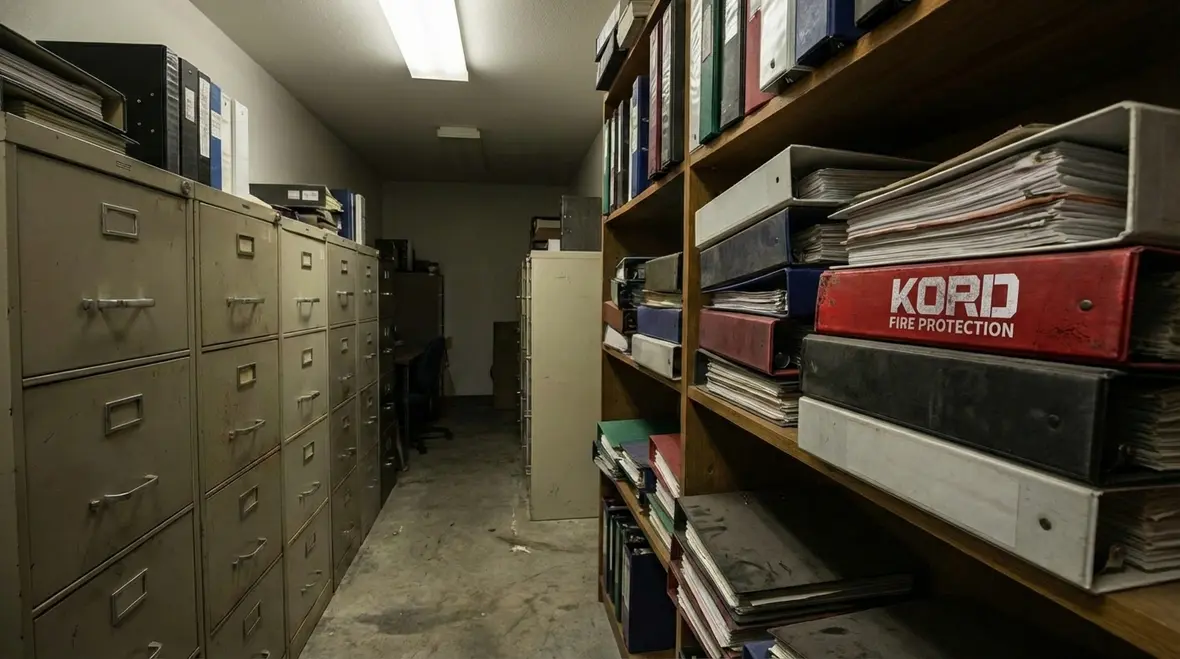 Fire extinguisher inspection logs and records organized in binders
