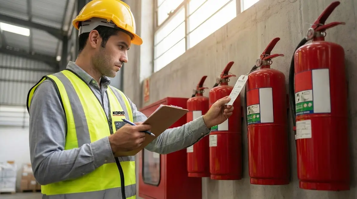 Technician reviewing fire extinguisher service records in a facility