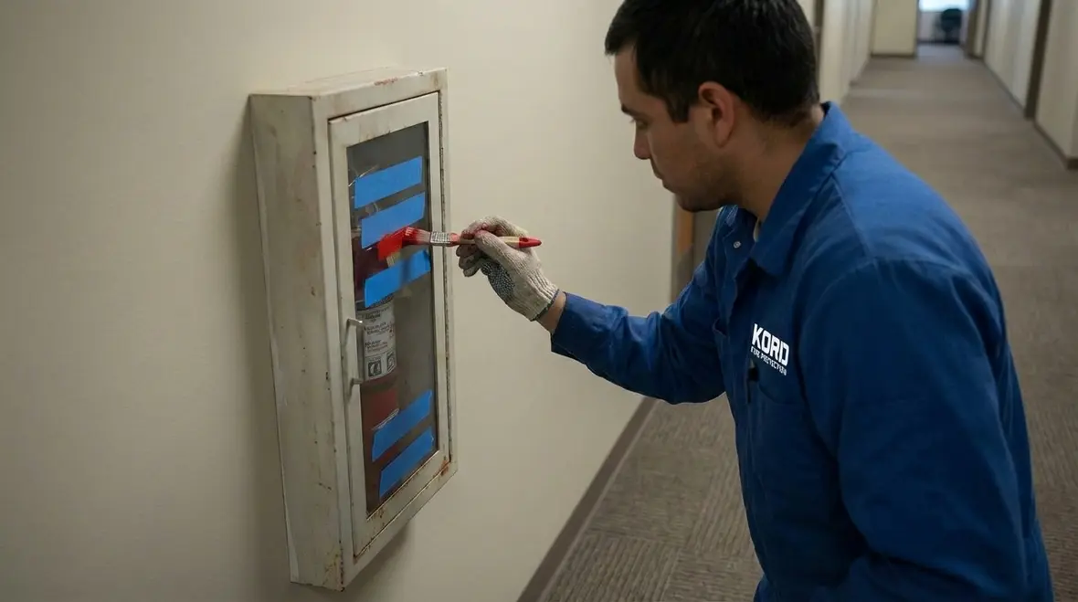 Technician repainting a fire extinguisher cabinet correctly