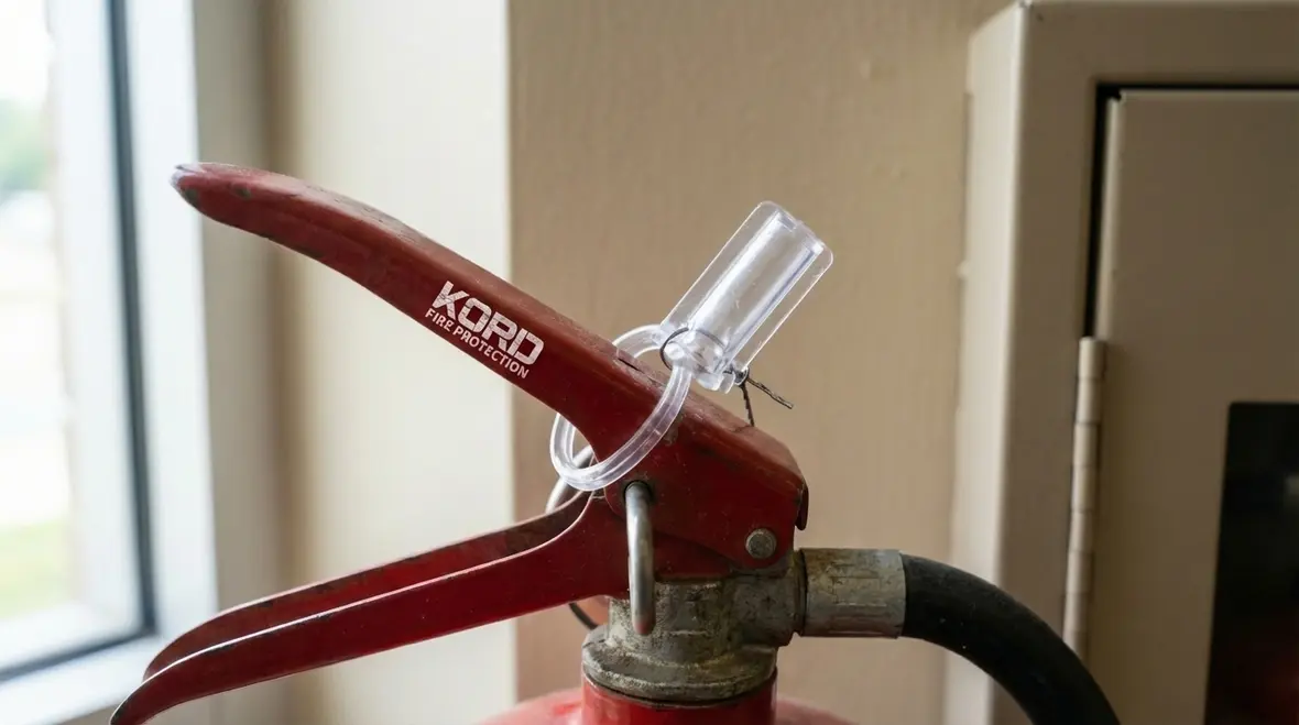Close-up of a fire extinguisher tamper seal on the handle