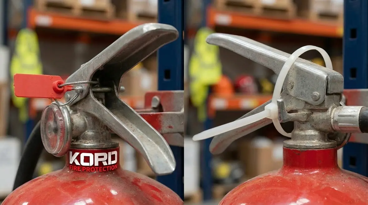 Fire protection technician inspecting extinguisher tamper seal and tag