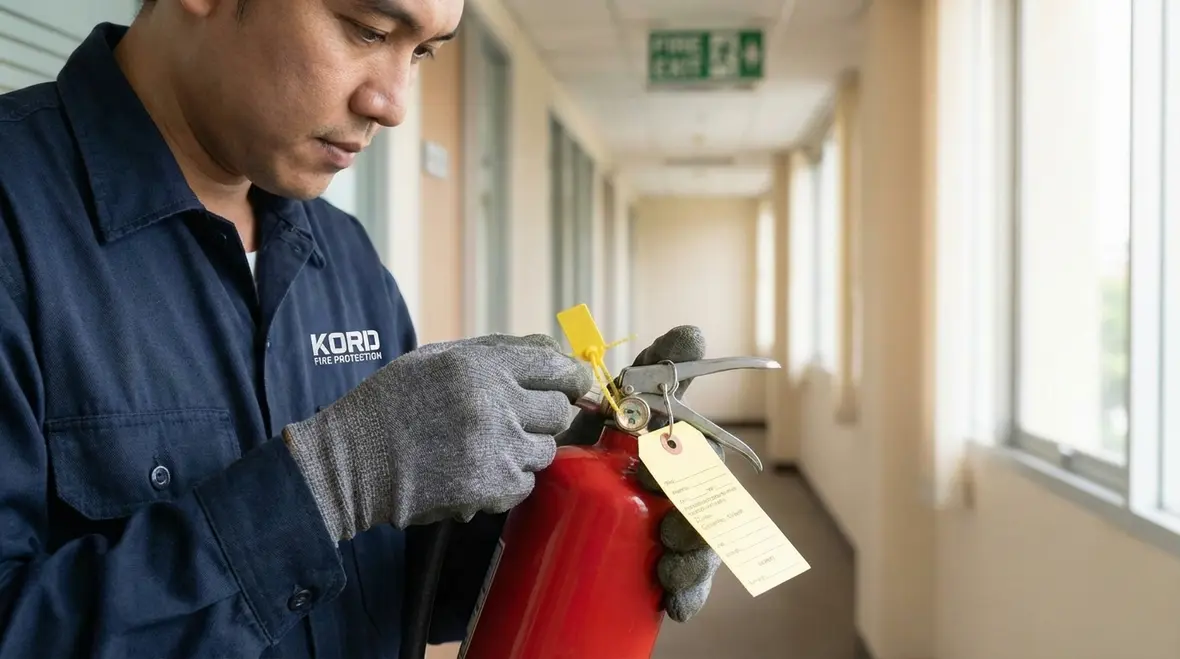 Wall-mounted fire extinguisher showing intact tamper seal