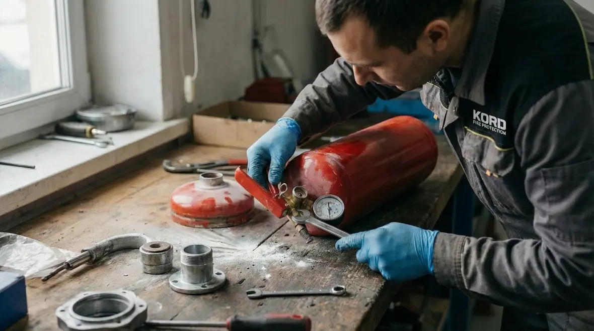 In house staff comparing notes with licensed fire extinguisher technician