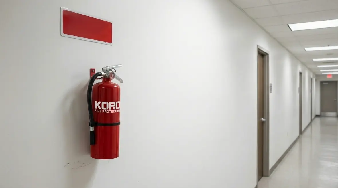 Mounted fire extinguisher showing compliant top and bottom height