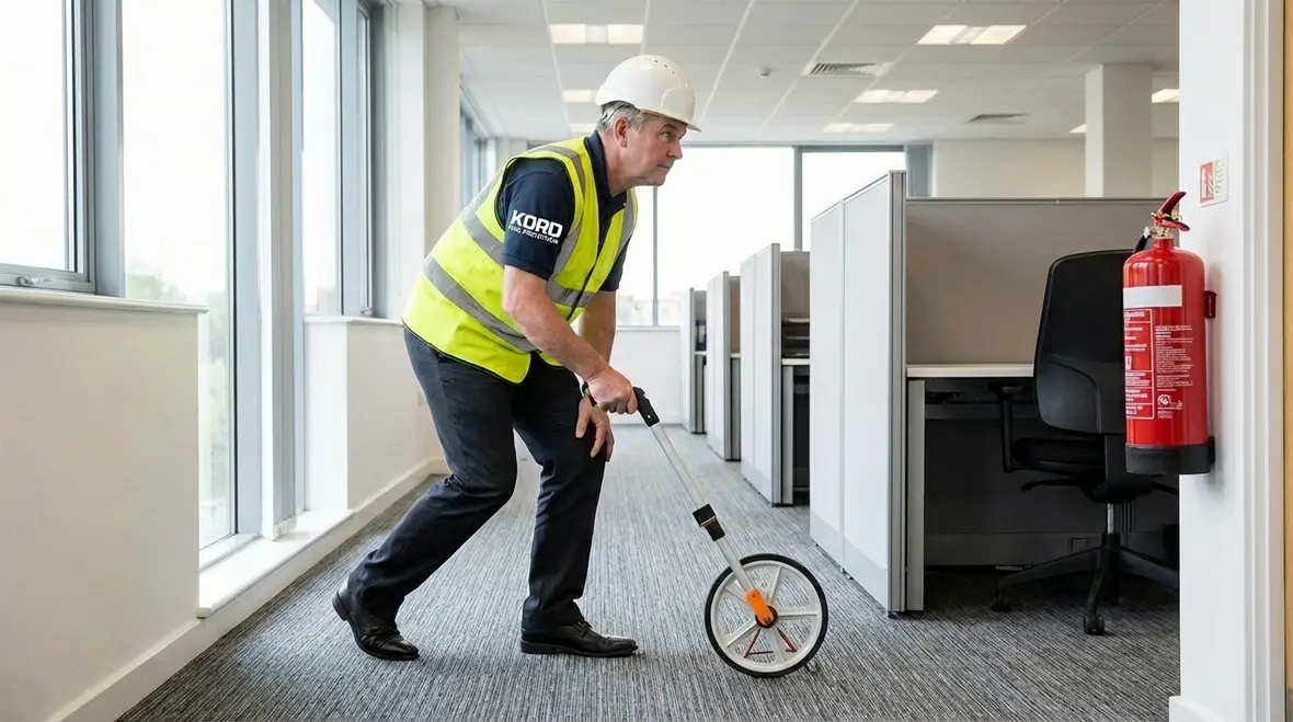 Walkway with properly spaced and accessible fire extinguishers