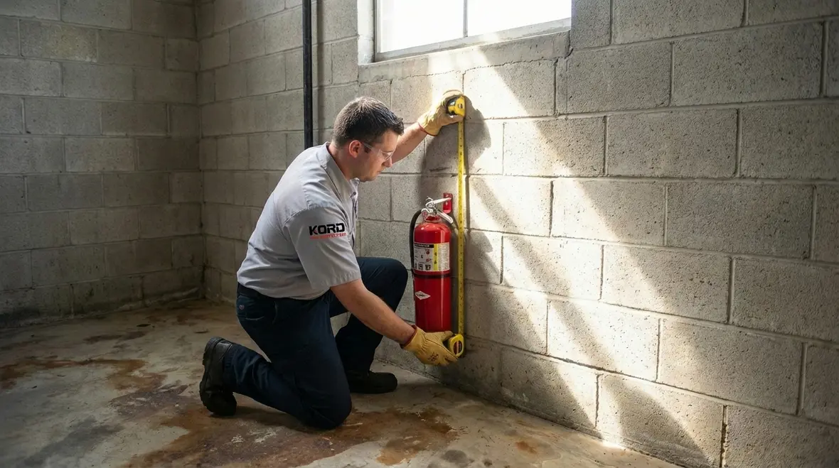 Technician checking mounted fire extinguisher height on wall