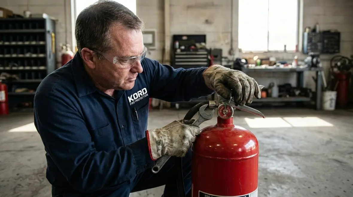 Certified technician inspecting a fire extinguisher