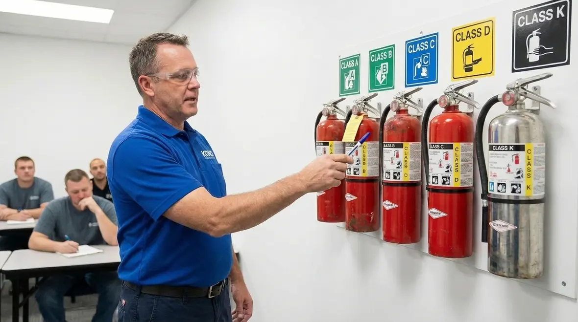 Different fire extinguisher types in a commercial building