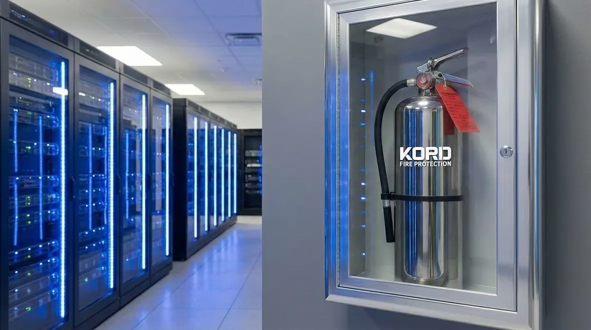 Technician explaining different fire extinguisher types