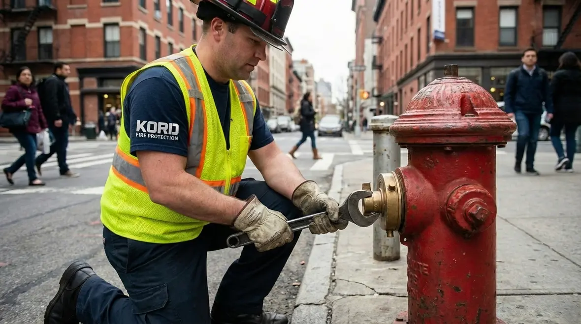 Technician inspecting hydrant cap and outlet