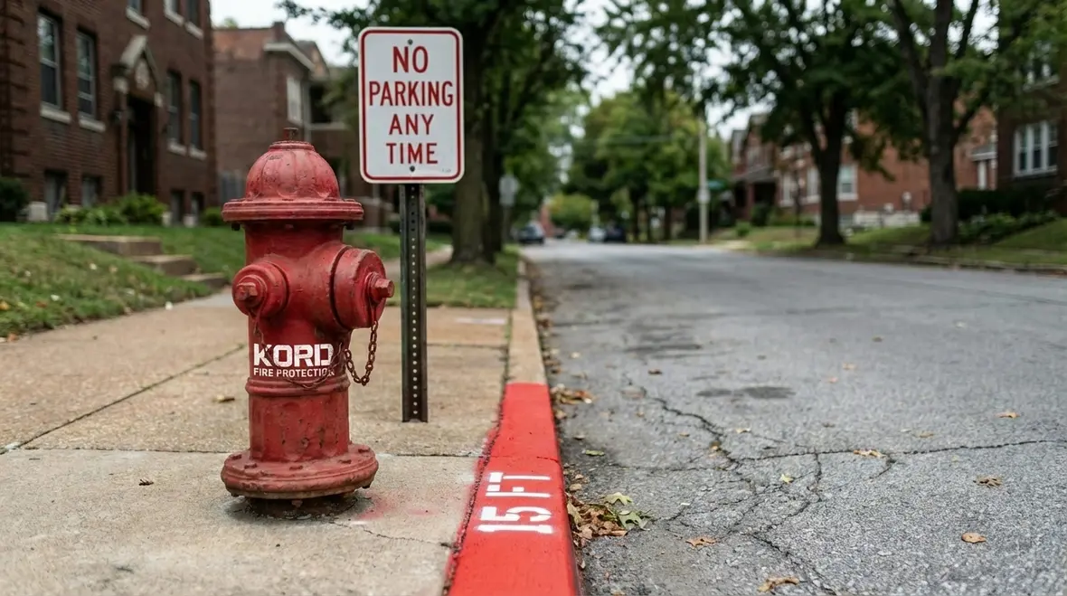 No parking zone marked around fire hydrant along curb