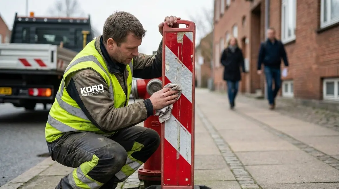 Technician inspecting fire hydrant markers for code compliance