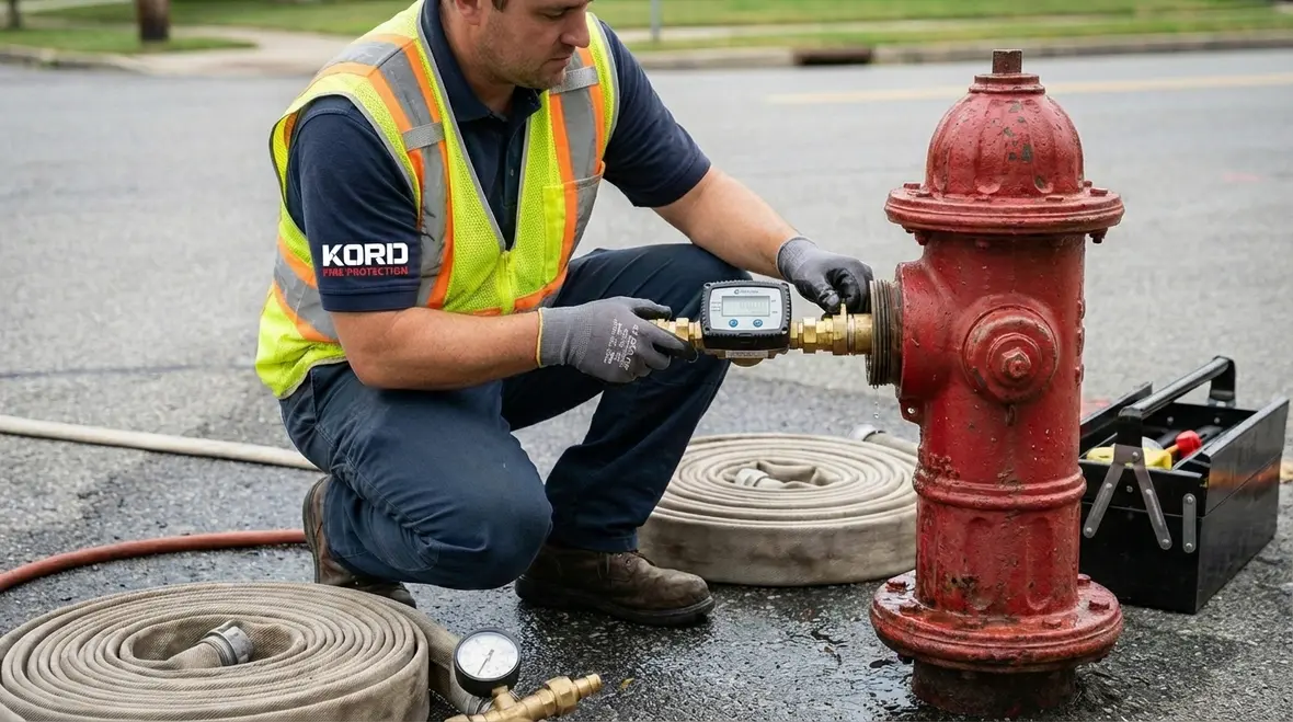Row of public and private fire hydrants near commercial buildings