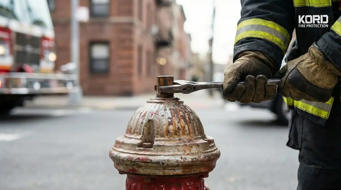 Yellow and red fire hydrant with city street in background