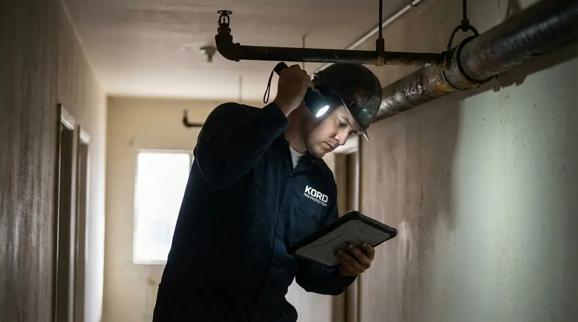 Fire protection technician reviewing compliance plan in Los Angeles