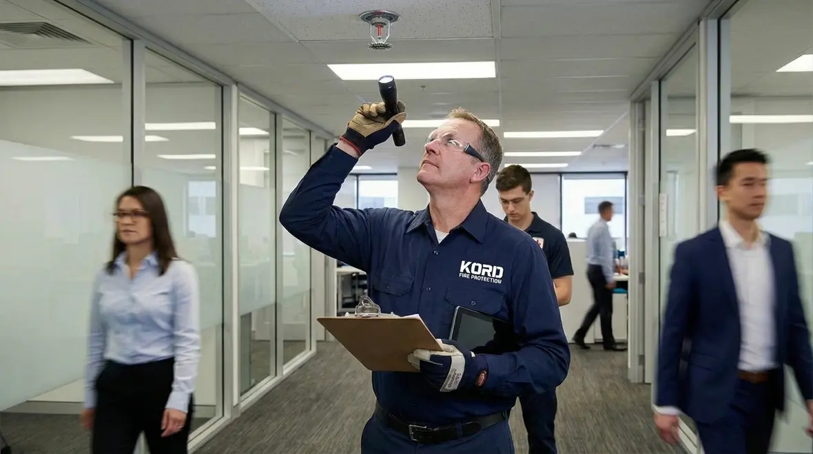 Technician reviewing fire inspection cost in Los Angeles building