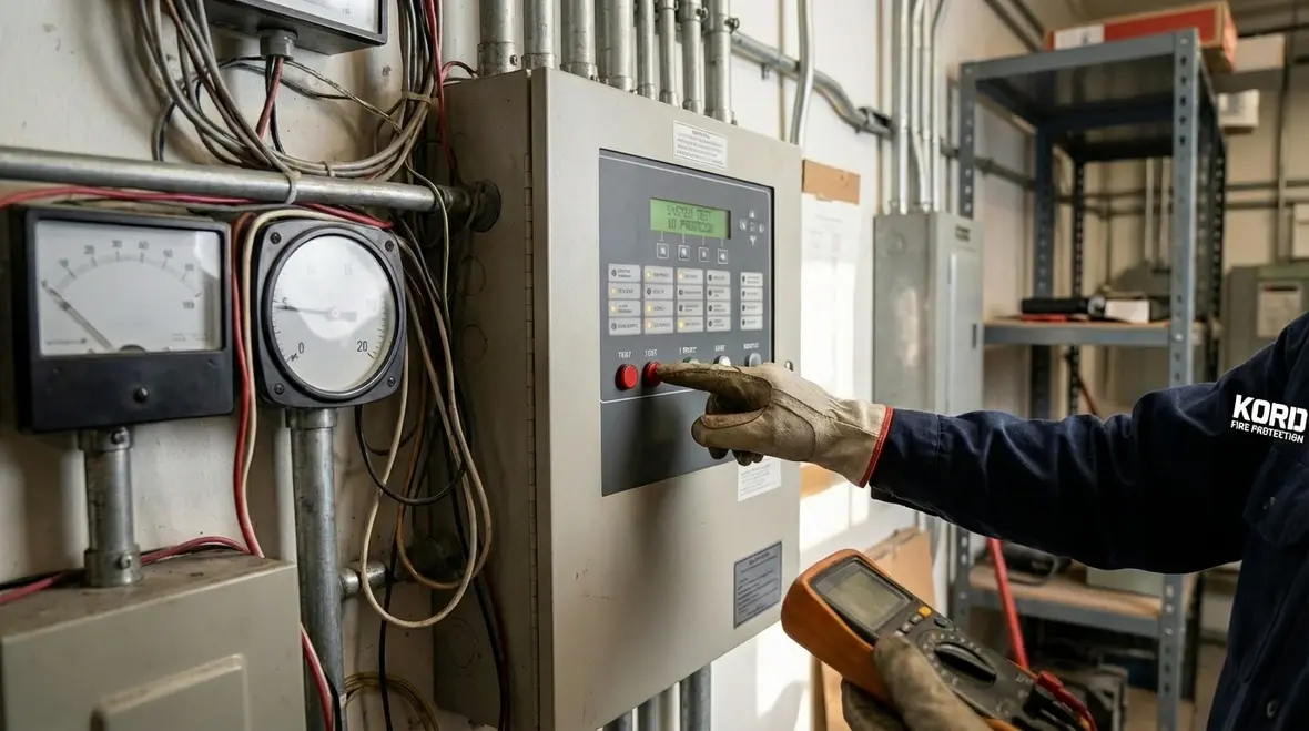 Technician testing California fire alarm and sprinkler systems