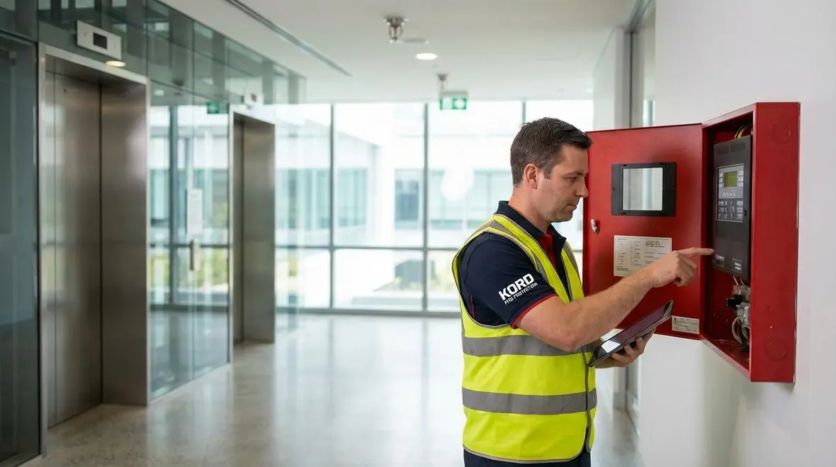 Technician explaining a fire alarm control panel