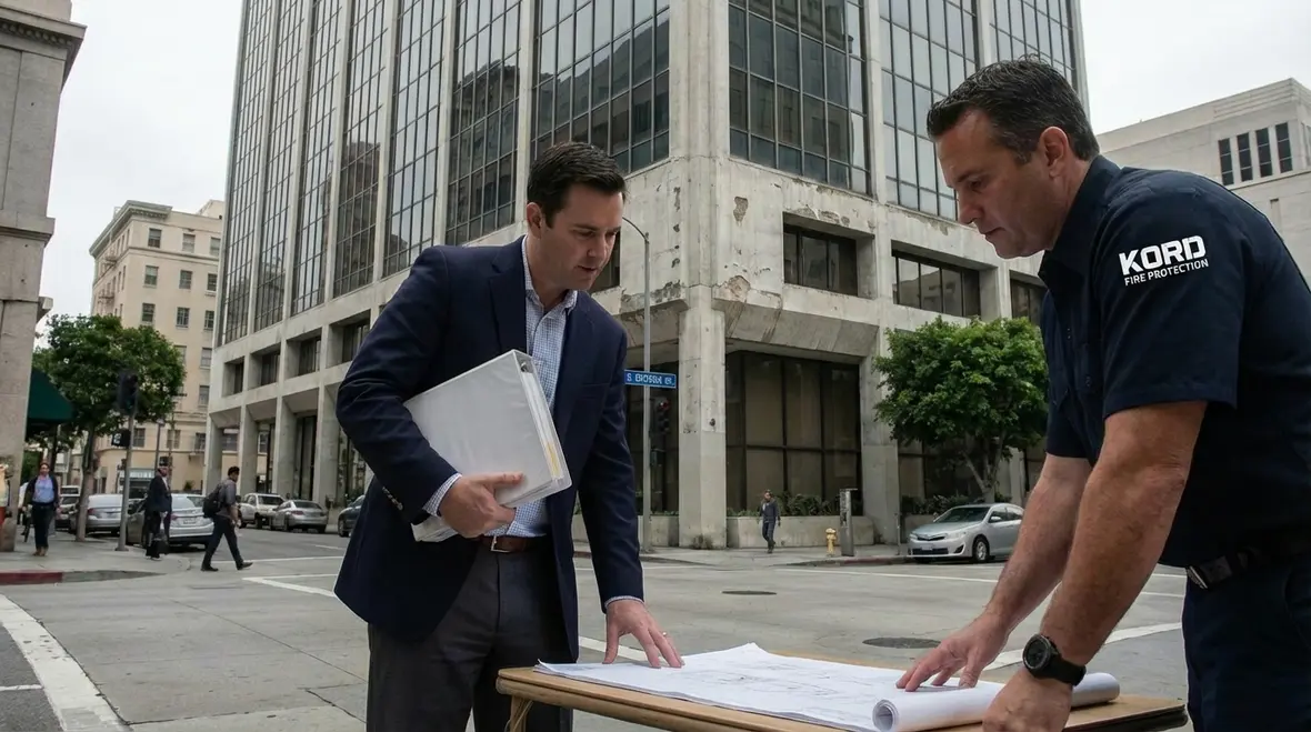 Technician inspecting fire alarm panel in Los Angeles building