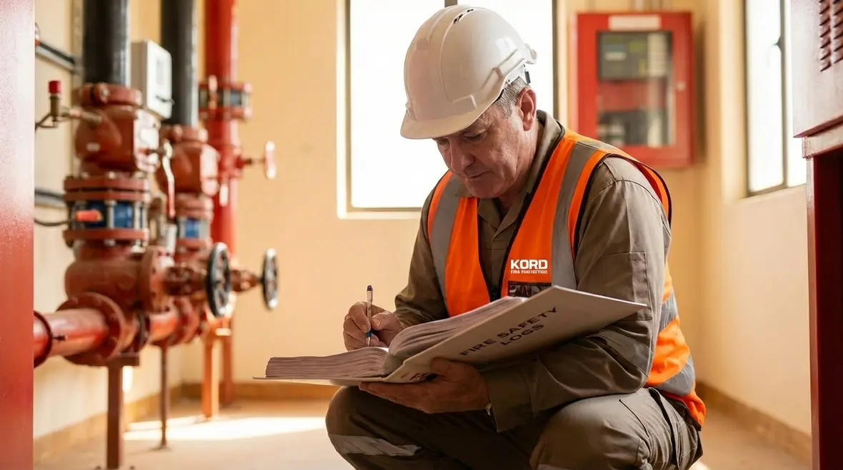 Inspector reviewing a fire protection documentation binder