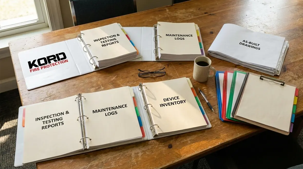Organized core fire protection records laid out on a table