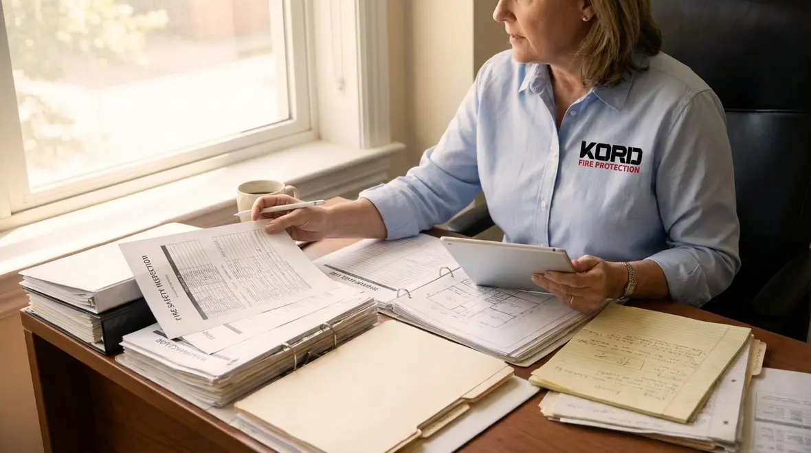 Facility team preparing fire system documentation for inspection