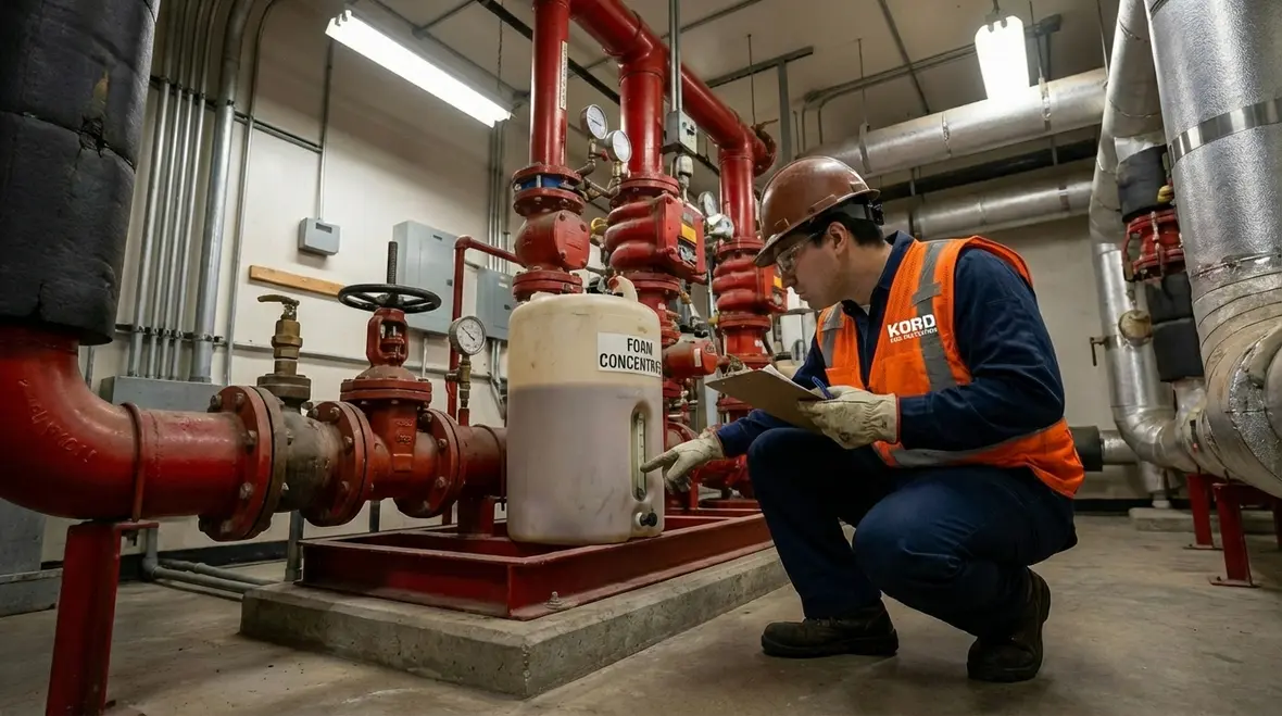 Technicians inspecting layered fire protection system for flammable liquids