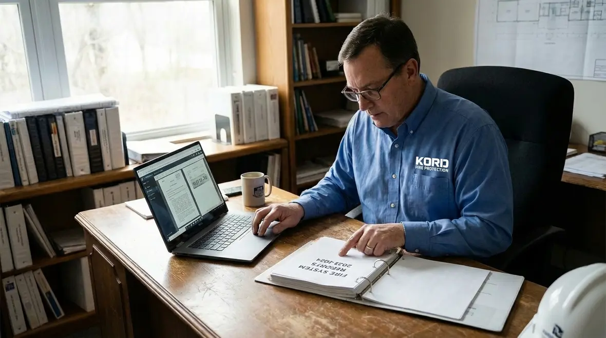 Property manager reviewing fire protection compliance documents