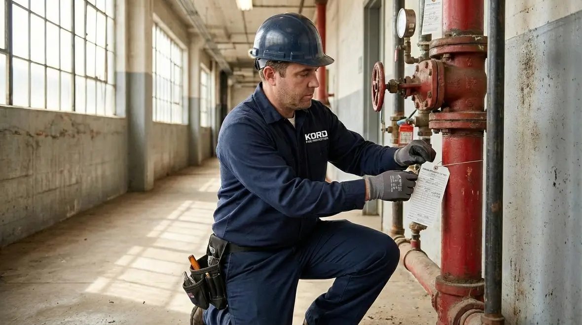 Technician reviewing fire protection documentation checklist