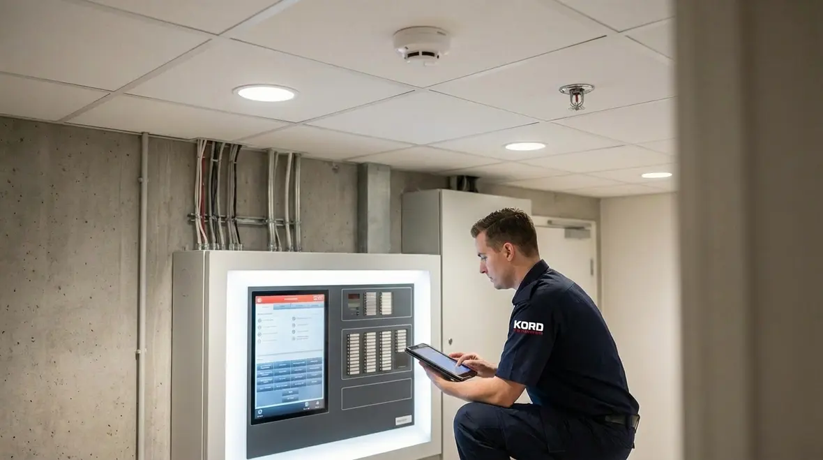 Technician inspecting integrated fire protection system components