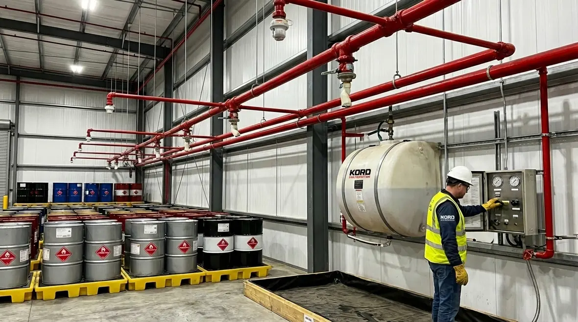 Layered fire protection system for flammable liquids in industrial facility