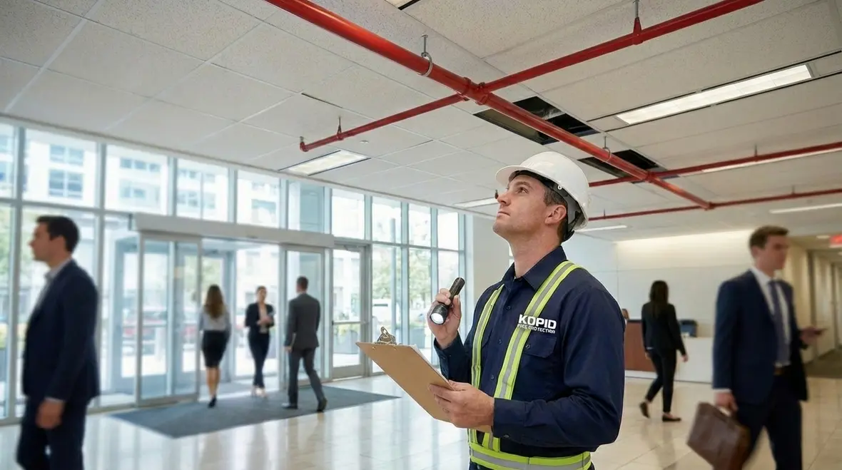 Technician reviewing fire sprinkler inspection reports