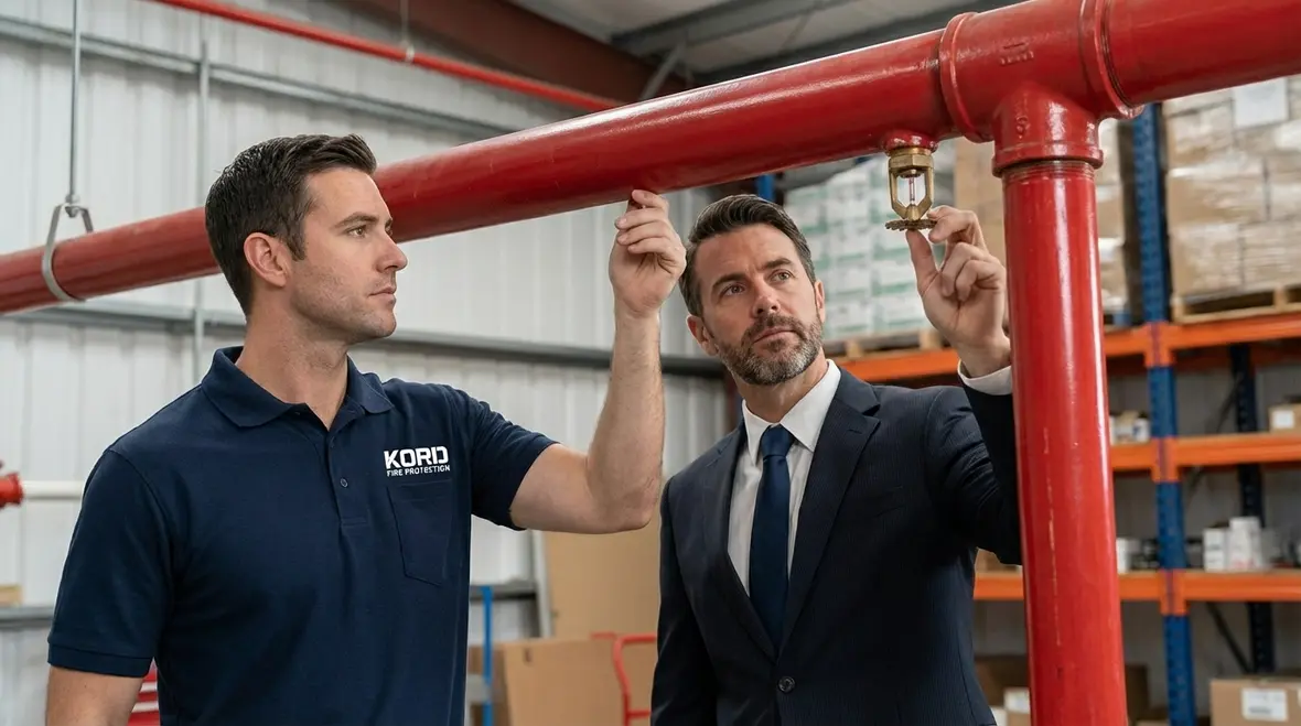 Technician reviewing fire protection water supply design