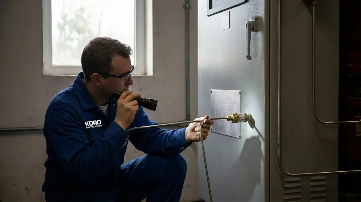 Technician reviewing fire pump sensing line layout in Anaheim mechanical room
