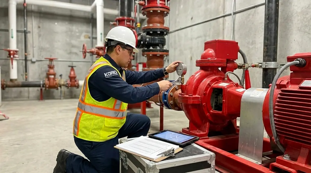 Fire pump calibration Los Angeles skyline industrial district
