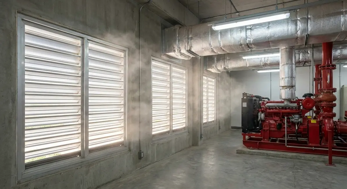 Secured and protected fire pump room with seismic bracing and rated enclosure