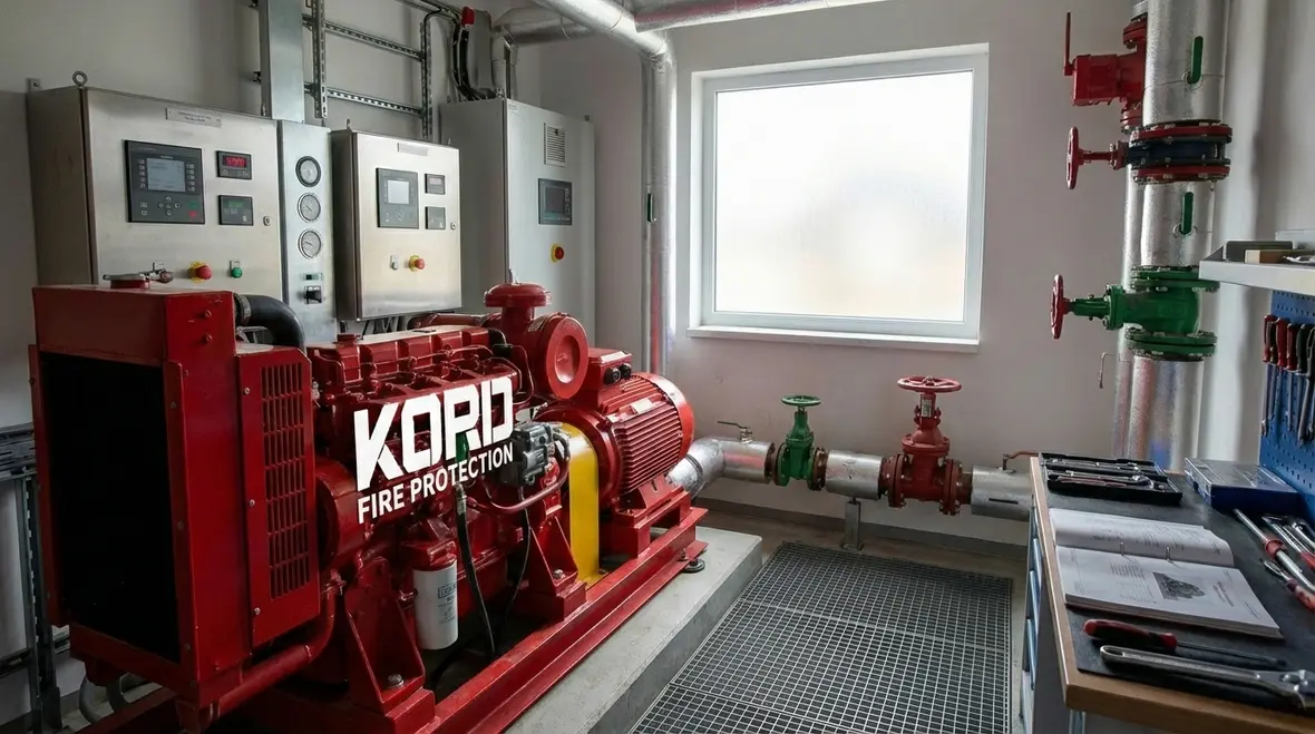 Technician reviewing fire pump room layout and components