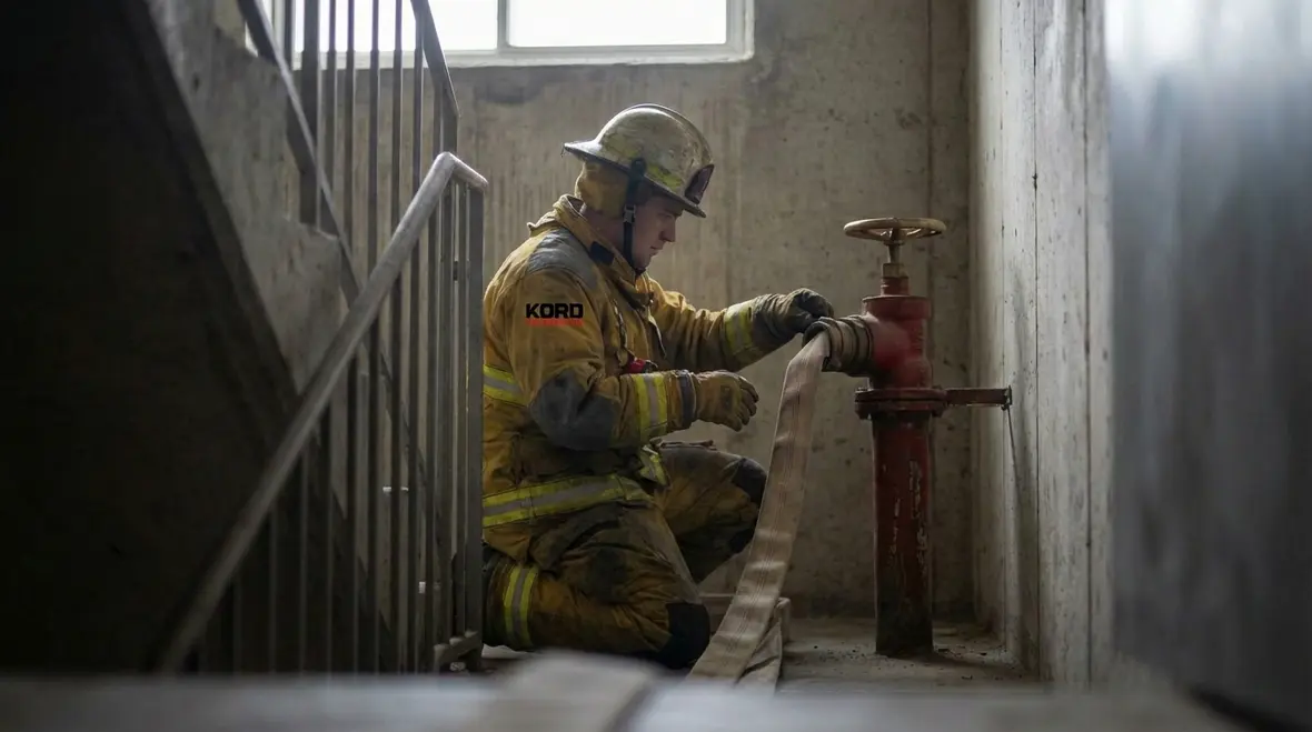 Fire protection technician inspecting a standpipe valve and pressure gauge