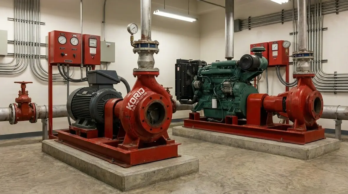 Technician reviewing fire pump sizing calculations for an Orange County building